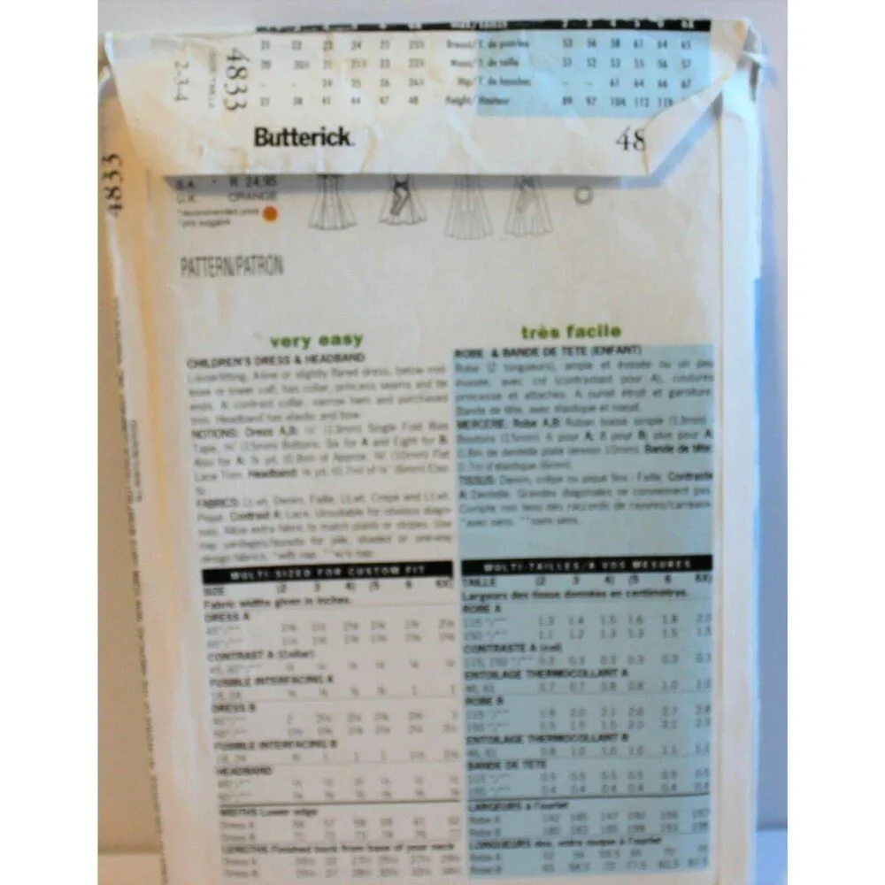 Butterick Sewing Pattern 4833 Childs Dress‎ Headband Size 2 3 4